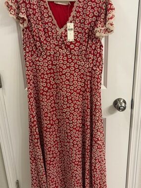 Anthropologie Red Floral Midi Dress with Cream Daisy Print